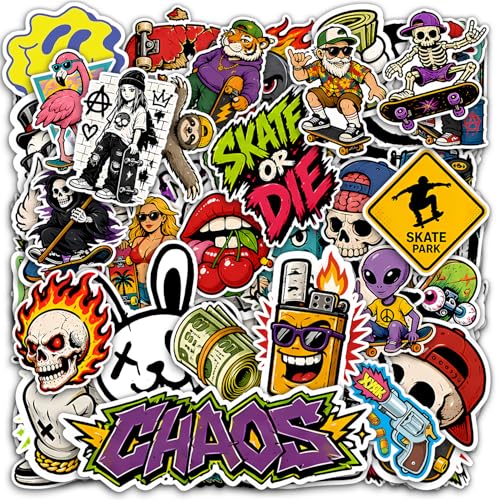 60 Pcs Skateboard Stickers for Teens and Adults - Waterproof Vinyl Skate Sticker Pack for Skateboarding Gear Helmets and Laptops - Cool Skater Decals for Boys - Graffiti Street Art Style