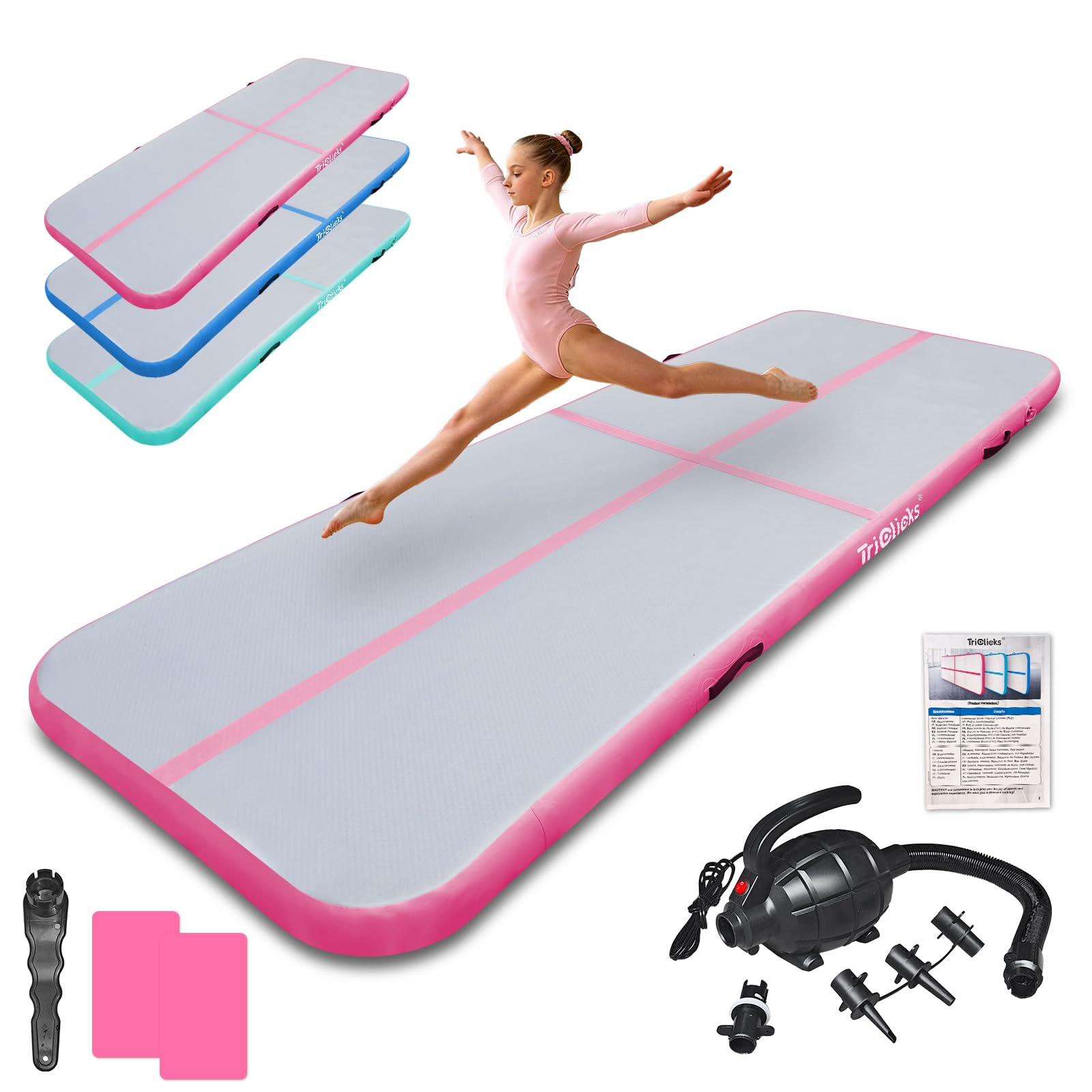 Inflatable Air Tumbling Track Mat, 3m/4m Gymnastics Tumbling Mat with Electric Air Pump, 10cm Thick Waterproof Fitness Mat for Home, Cheerleading, Training, Beach & Park(3m Pink, With Pump)
