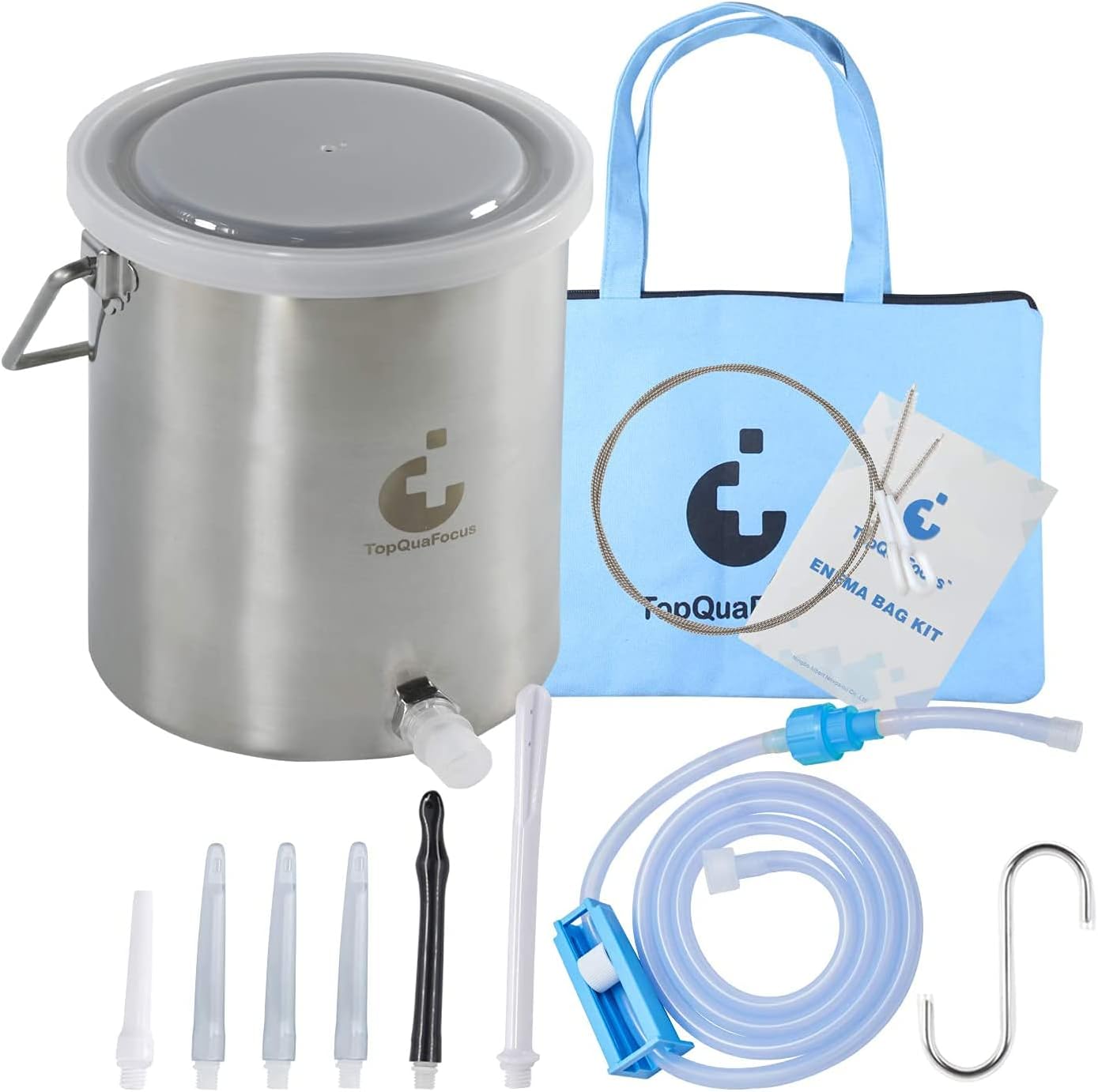 TopQuaFocus Enema Bucket Kit, Cleansing Detox Enema Kit Stainless Steel Bucket for Man Woman Colon Cleanse 2L