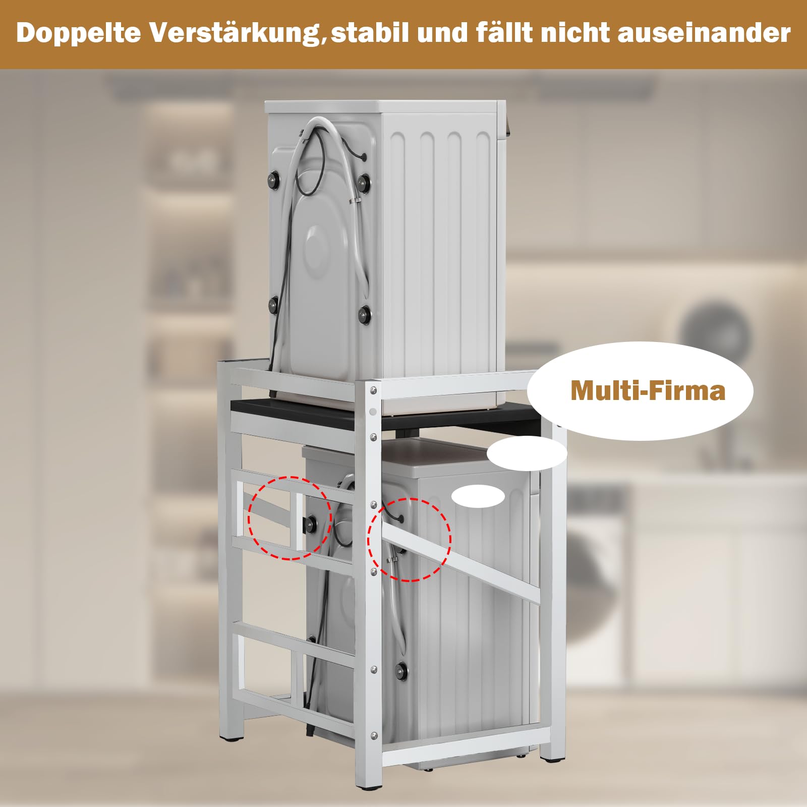 Waschmaschinenregal, Höhenverstellbarer Waschturm, Ohne Bohren, Zweistufig höhenverstellbares Regal, für Badezimmer und Waschküche, Tragkraft 300 kg