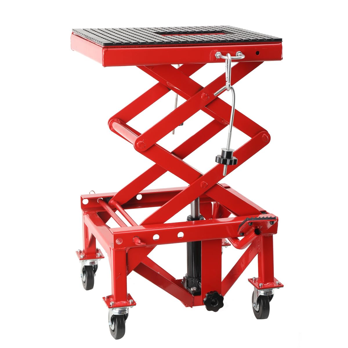 Sollevatore Idraulico per Moto con Pedale, Cavalletto Centrale a Pantografo per Moto, ATV, Enduro – Regolazione Altezza 350‑905 mm, Carico Max 158 kg, con 4 Ruote e Rotelle Universali