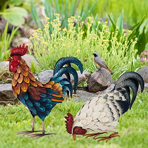 Shorayn Metal Rooster Statues, Outdoor Garden Statues, Metal Chicken Decor, Garden Sculptures & Statues, Chicken Ornaments Yard Art For Backyard Patio Lawn Decorations, Set Of 2 #TOP3
