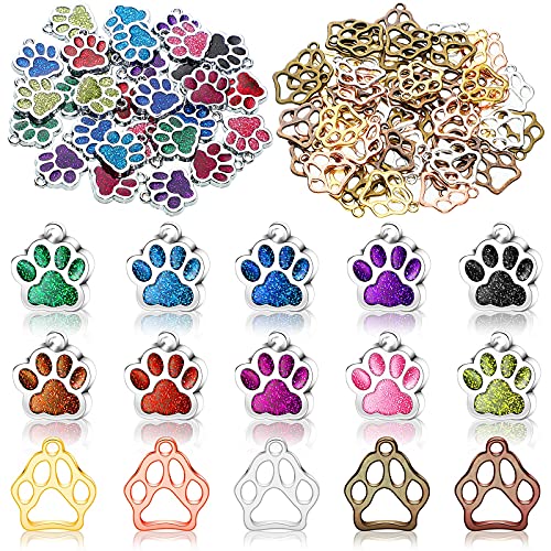 100 Pieces Animal Paw Pendant Hollow Paw Charm Glitter Dog Cat Paw Bead Alloy Animal Paw Colorful Cute Jewelry Making Supplies for Jewelry DIY Necklace Bracelet Keychain Earring Making