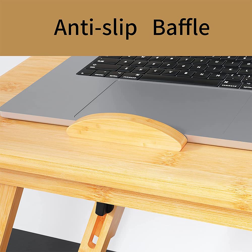 Supfine Table de Lit Pliante en Bambou, Plateau Réglable pour Ordinateur Portable, Plateau de Lit pour Petit Déjeuner avec Tiroir, Trous de Refroidissement (Boisée)