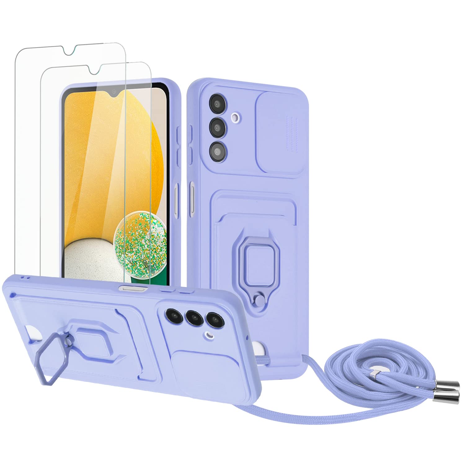 Zallagre Funda con Cuerda Compatible con Redmi Note 13 Pro 5G,[2 Packs Cristal Templado],Ranura para Tarjetas,Cubierta de Cámara Deslizante Proteger,360 Anillo Soporte-Morado — view 44
