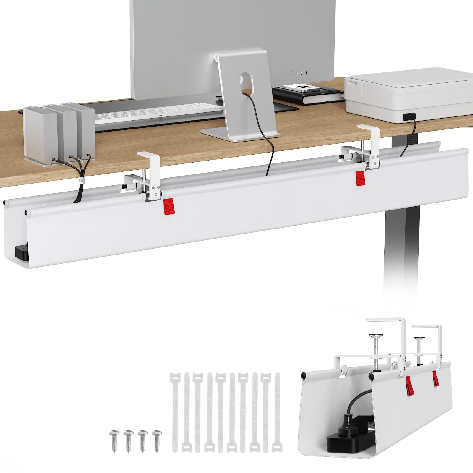 KEEGH Extra Large No Drill Under Desk Cable Management Tray 48 in, White