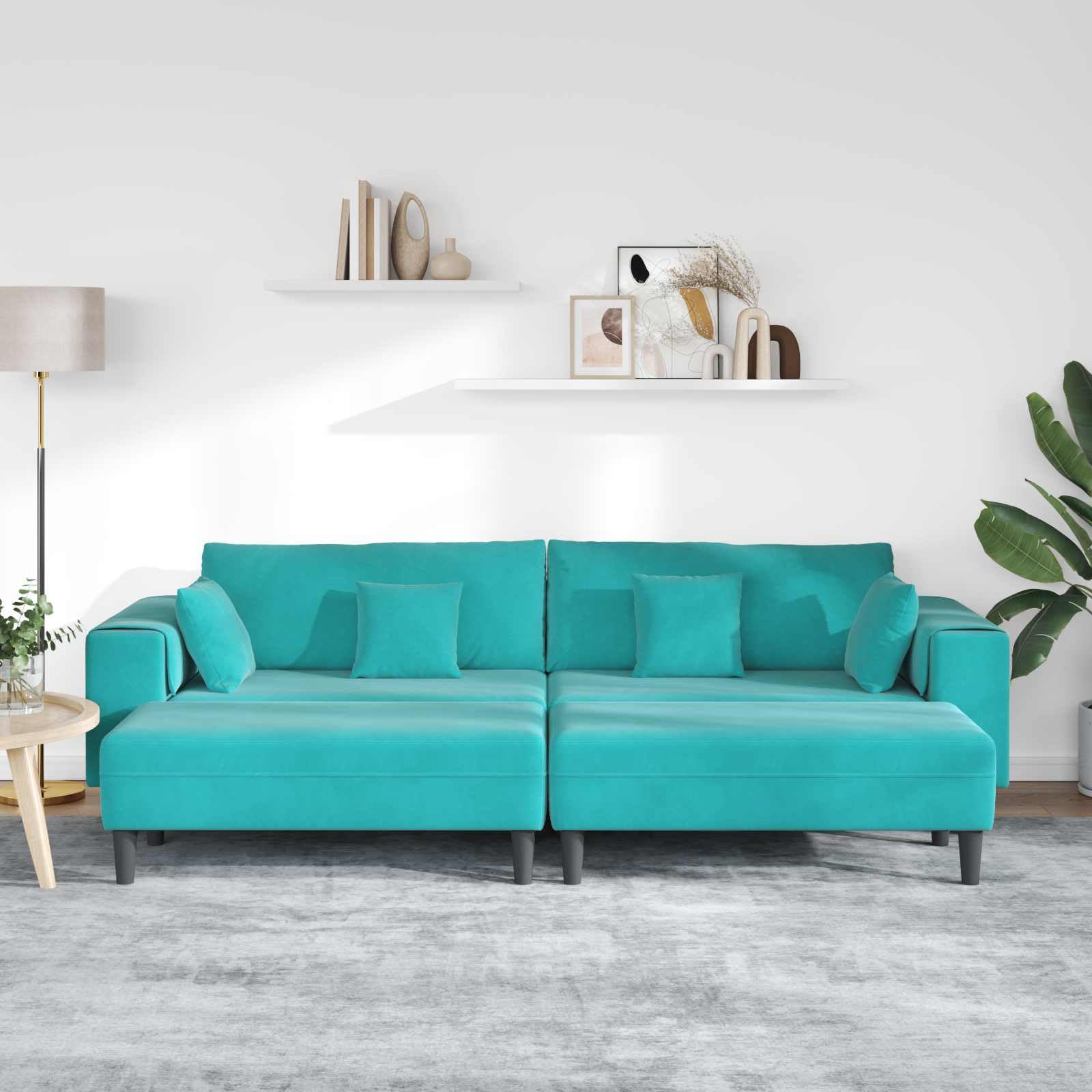 Divano 3 pezzi Turchese in velluto morbido con struttura in compensato robusto per soggiorno moderno, con braccioli quadrati, capacità 4 posti, dimensioni 250x188x76 cm, facile da assemblare