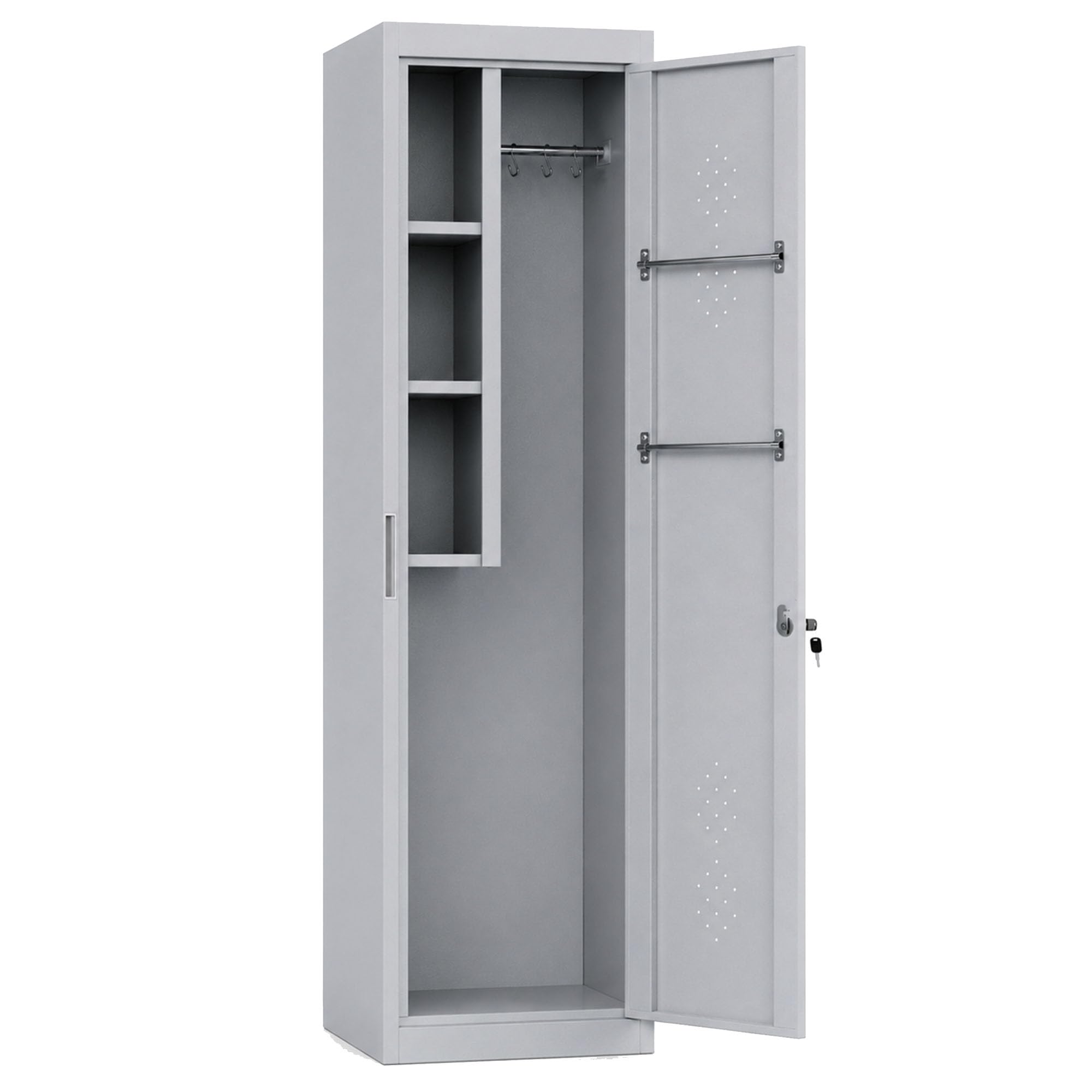 180cm Broom Cupboard Free Standing, Single Door Lockable Metal Cleaning Cupboard with Shelves, Hanging Rods & S Hooks, Storage Cabinet for Brooms, Mops, Garage, Laundry Room, Bathroom & Office