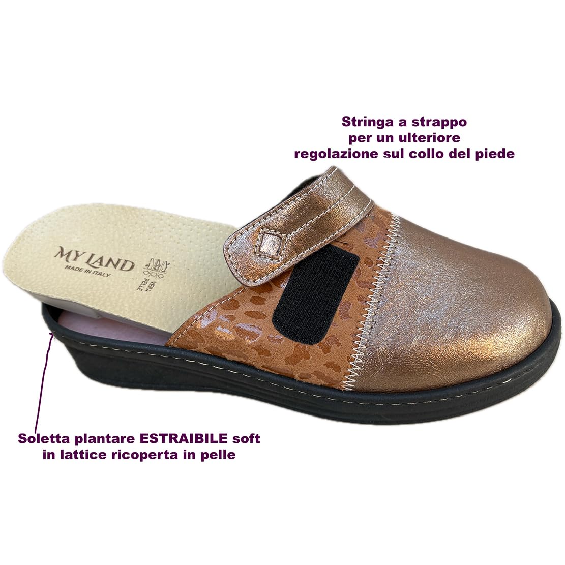 Chaussons confort MYLAND ELENA Chaussons confortables pour femme en cuir plantaire amovible réglable avec boucle Made in Italy