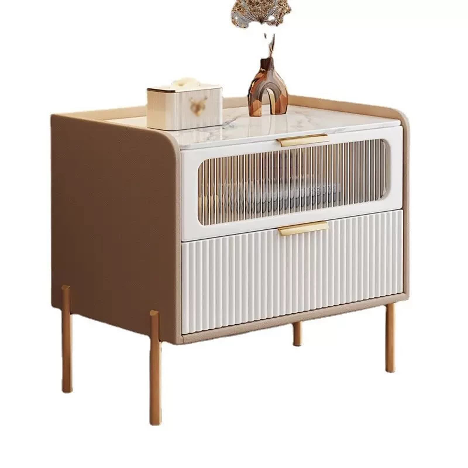 Table de chevet moderne en dalle de roche et verre à 2 niveaux pour chambre à coucher
