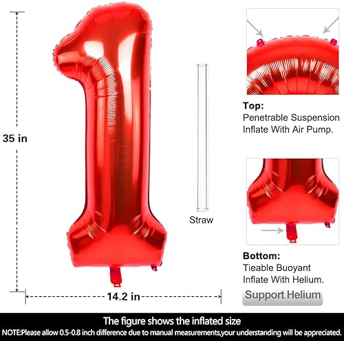 Miniatura 2 de Globo rojo grande de 40 pulgadas con el número 1 de tamaño extra grande, globos de helio de aluminio de Mylar para fiestas de cumpleaños,
