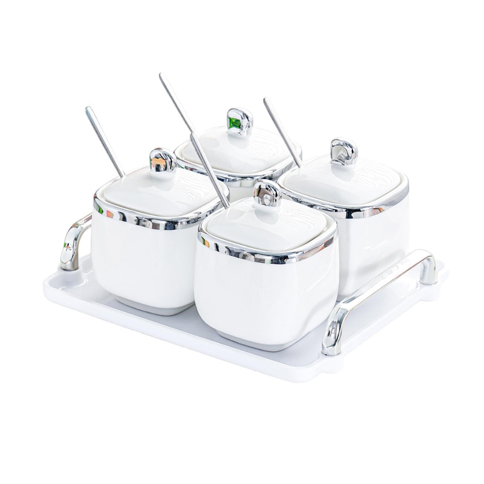 Pot à épices en céramique pour bonbons, noix et fruits secs, avec plateau amovible et large ouverture anti-poussière. Idéal pour les restaurants, Argent, 4 pot