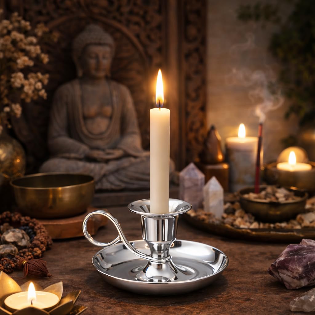 NKlaus candeliere a mano classico in ottone nichelato altezza 5cm per candele fino a Ø 2cm portacandele 10890