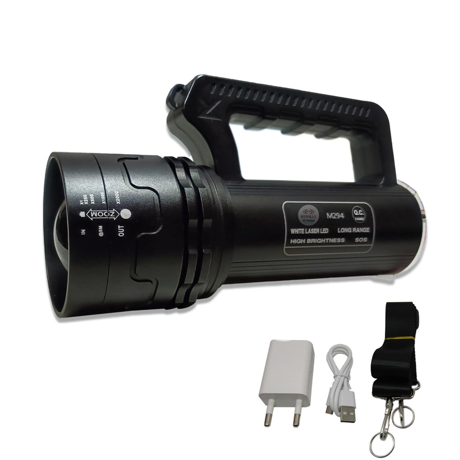 RENMAX Rechargeable Search Zoom Focus Torch High Brightness 500W 3Km Range High/Low/Blinker & Tail Light (White/Red-Blue Blinker) Waterproof 4-8 Hours Working Metal Body Black -1Pc-image-39
