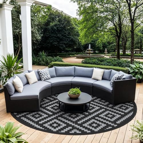 Image of GENIMO Outdoor Rug, Waterproof Plastic Rugs for Patio, 10' Round Black Grey