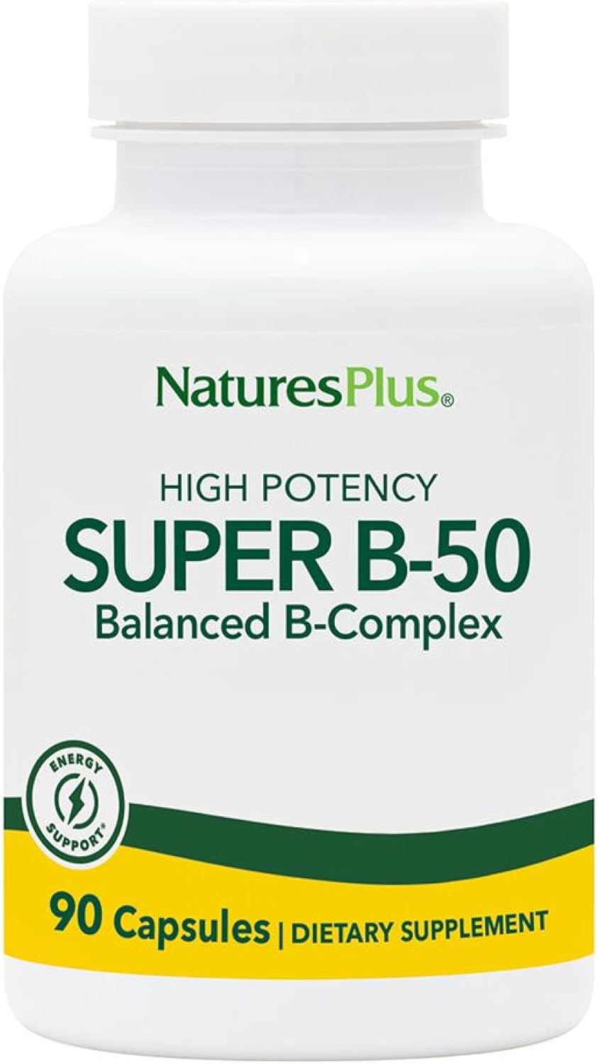 NaturesPlus Super B-50 - High-Potency B Complex Vitamin with Choline, Inositol & PABA - Supports Energy, Recovery & Healthy Skin and Hair - Vegan, Gluten Free - 90 Capsules, 90 Servings