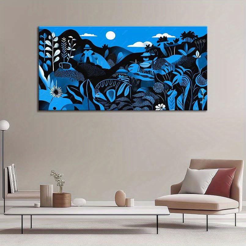 Cuadro de paisaje tropical en lienzo, lámina artística botánica de la jungla con luna y luz nocturna, decoración de pared en lienzo (70x120cm/con marco)