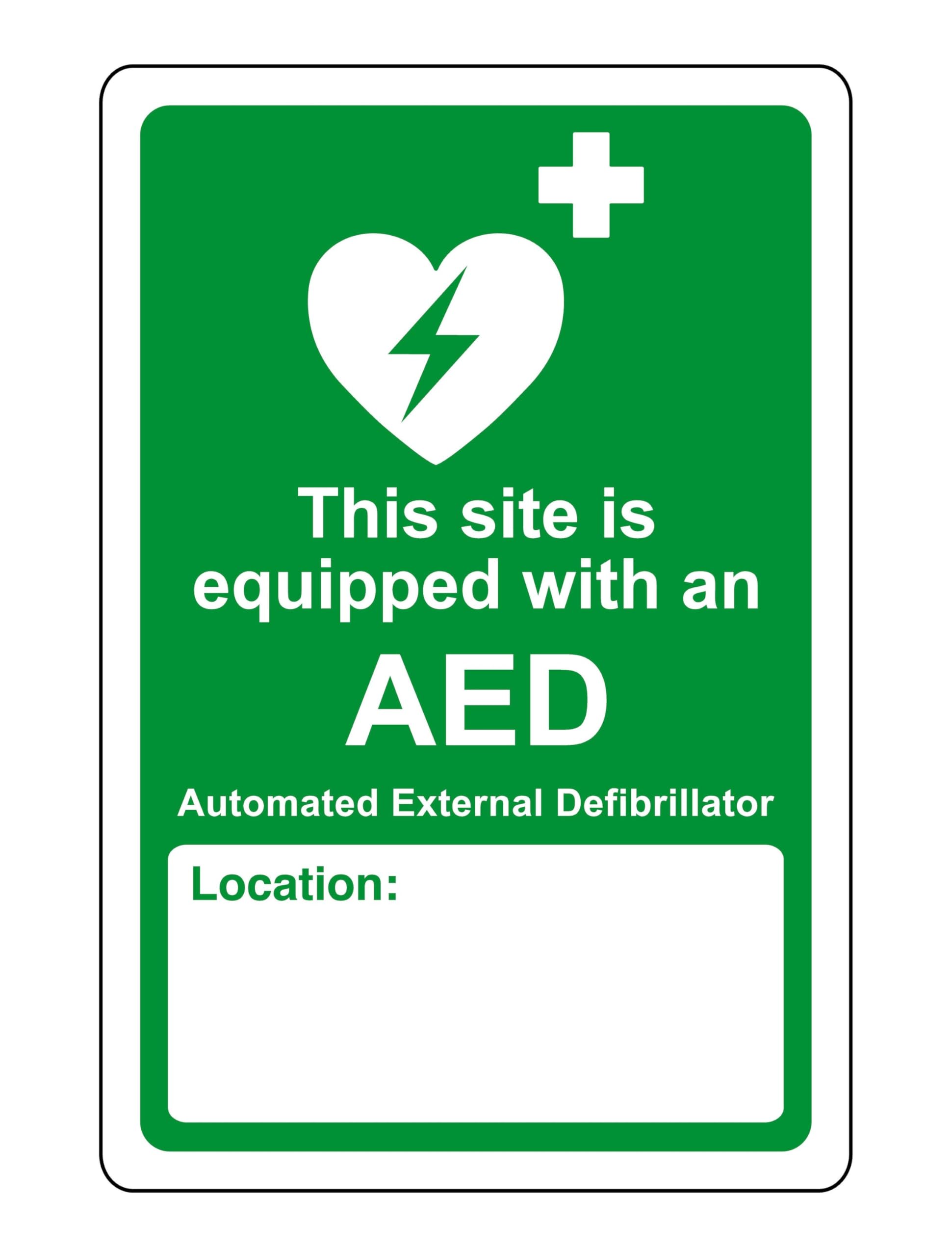 AED Safety sign - This site is equipped with AED emergency sign - 1.2mm Rigid plastic for indoor/outdoor usage (400mm x 300mm) Viewing Distance within 14m.