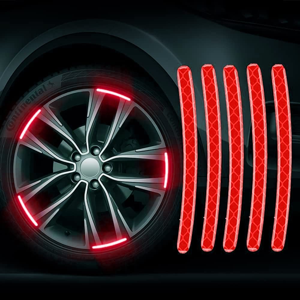 9UP™ Car Wheel Radium Sticker, Car & Bike Wheel Decoration Reflective Sticker, Car Tire Rim Safety Warning Sticker Car Wheels General Reflective Stickers Tire Exterior (Red, 1)
