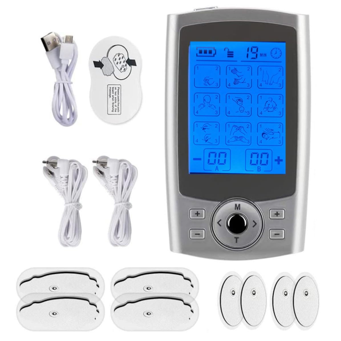 Masajeador Eléctrico Muscular 36 Modos, 8 Electrodos de Goma y Abs, para Fisioterapia Circulación Sanguínea en Casa Centros de Masaje