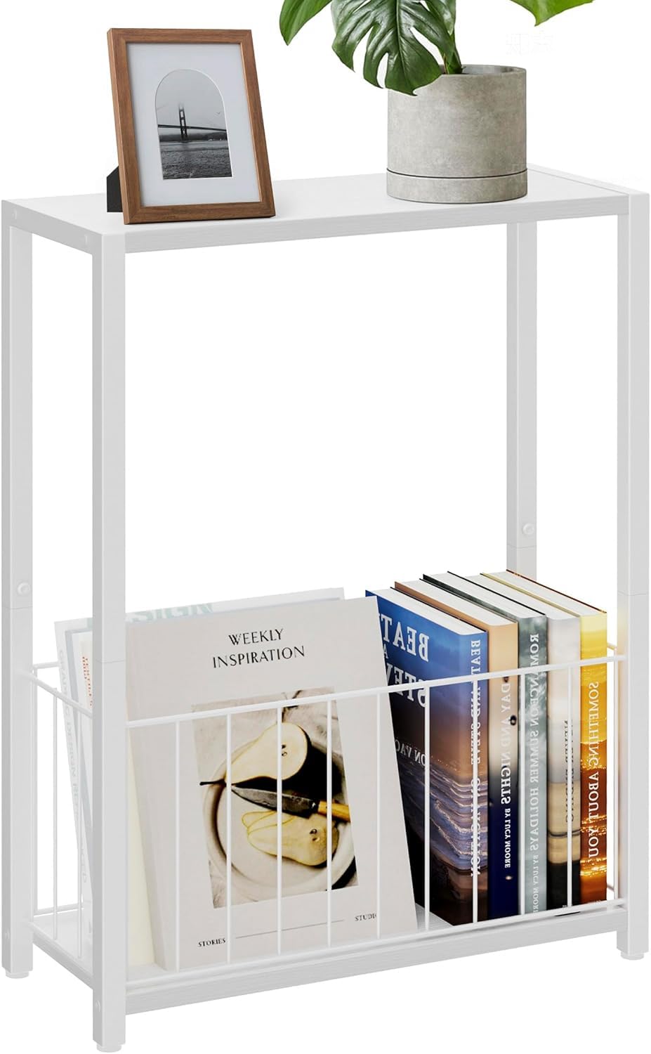 58239 Narrow Side Table with Magazine Holder, Skinny End Table Perfect for Small Spaces, Space-Saving Design for Living Room, Bedroom, or Office, 7.1" D x 16.9" W x 23.6" H, White-image-33