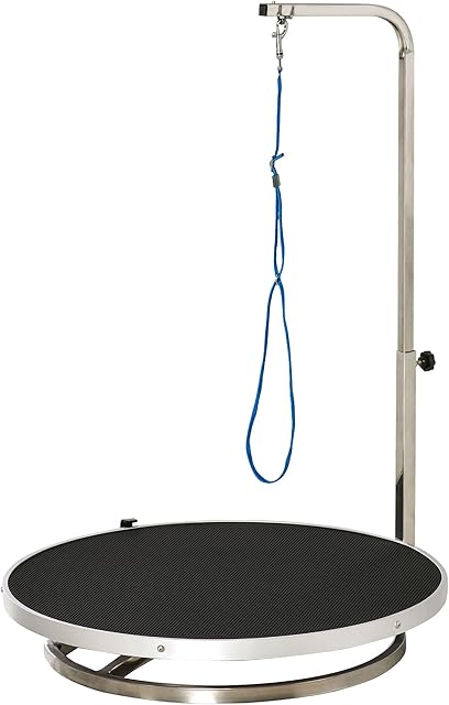 PawHut Round Pet Grooming Table Rotatable Dog Drying Table Adjustable Arm Stainless Steel Frame Safety Leash Φ55 cm Black