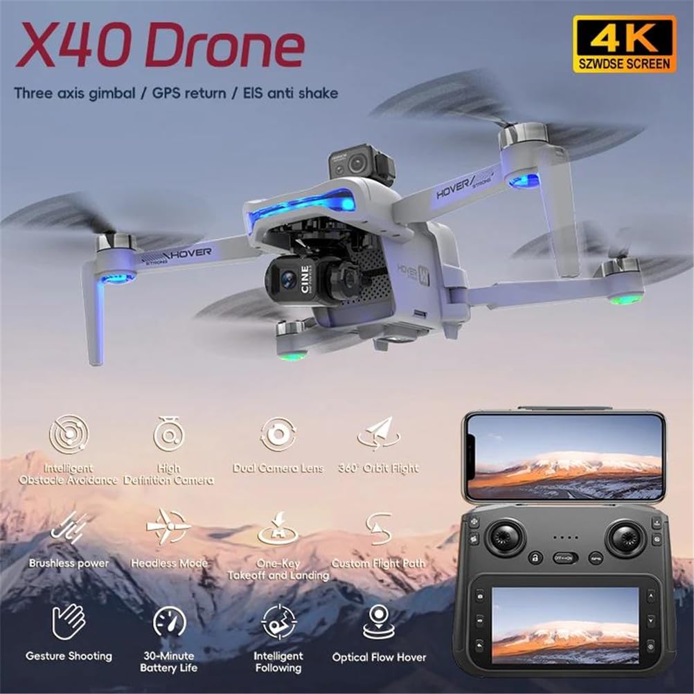 Dual battery,dron x40 max 4k profesjonalna kamera hd, 3-osiowy gimbal, 4,5-calowy duży ekran, unikanie przeszkód, gps, dron fpv