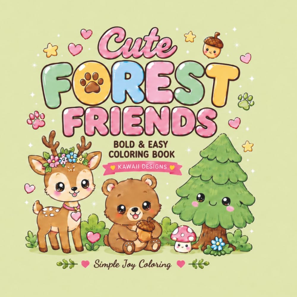 Cute Forest Friends: Bold & Easy Coloring Book Featuring Cute Kawaii Forest Animals and Cozy Woodland Scenes for Relaxation and Stress Relief