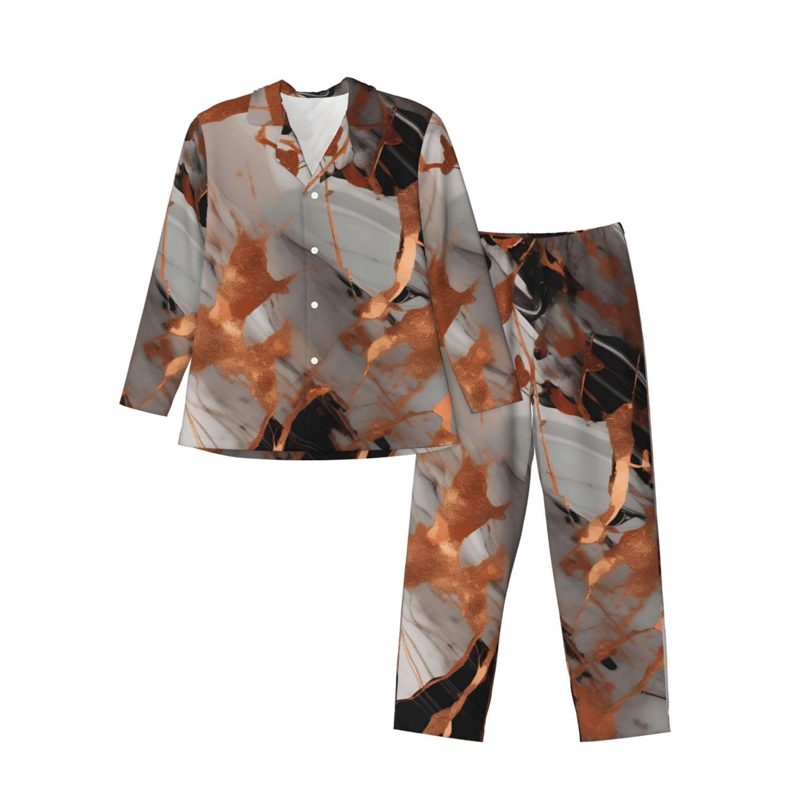 Herren-Pyjama-Set mit Marmor-Textur, Kupferspritzer-Druck, langärmelig, zweiteilig, Hauskleidung, bequeme Nachtwäsche, Nachtwäsche