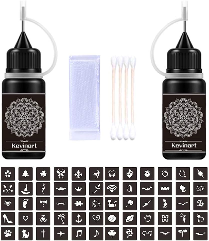 Temporary Tattoos Kit Black Tattoo Kit 2 Bottles 1 Oz Temp Tattoo Kit Semi Permanent Freehand Ink/Gel with 60 Adhesive Stencils for Women Men Kids Boys Body Art Painting Decor Supplies