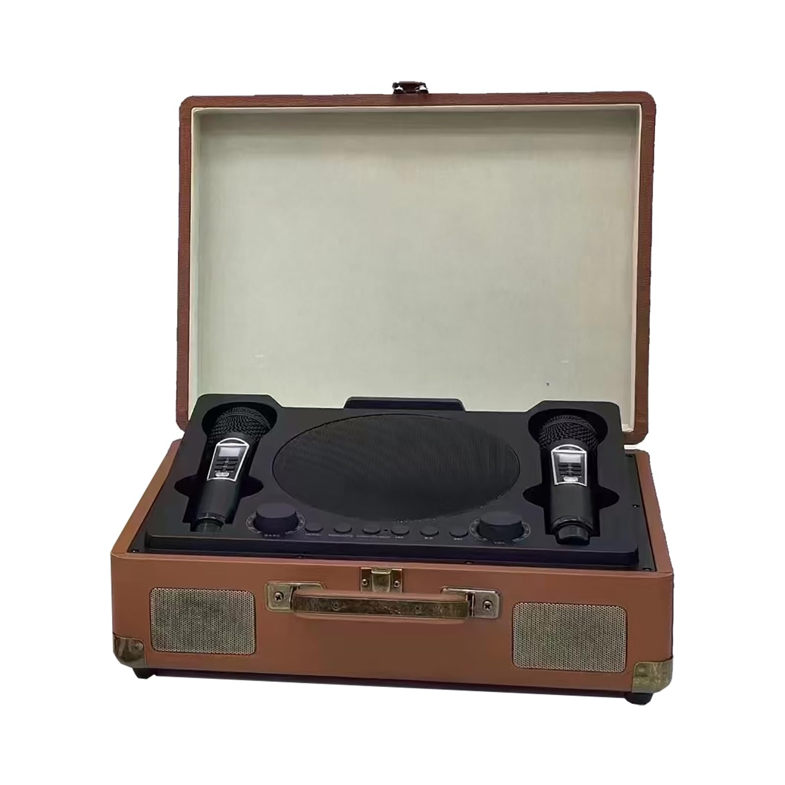 FHRKA Karaoke Machine for Adults,Smart Connection/Distance: Approx 10m, 5 Play Method, with 2 Karaoke Mics,for Family (Brown)