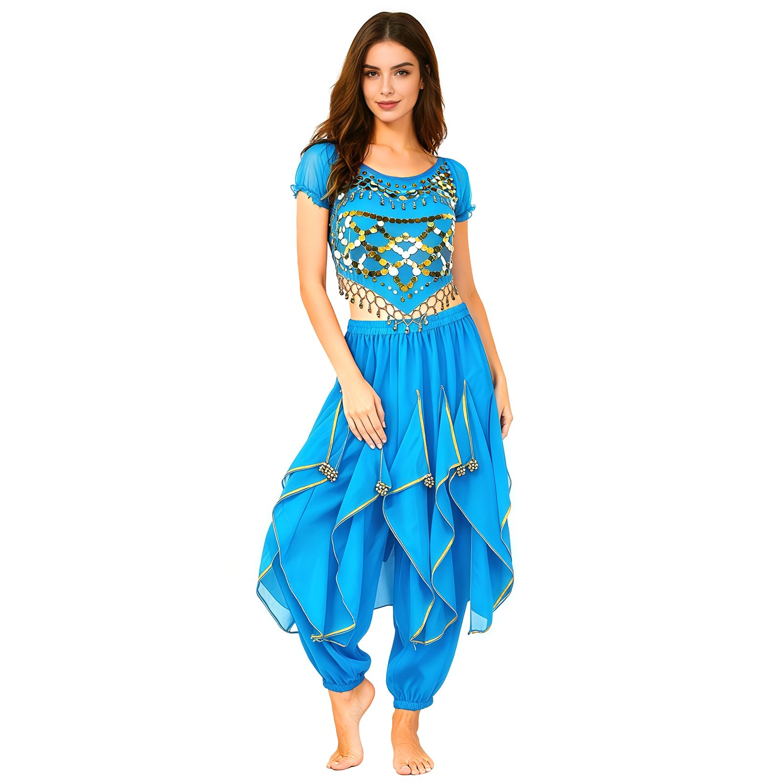 Baisdan 2 Piece Belly Dance Costume for Women, Jasmine Costume Adult Crop Top Harem Pants Set for Arabian Indian Halloween Carnival Dance Performance Sky Blue