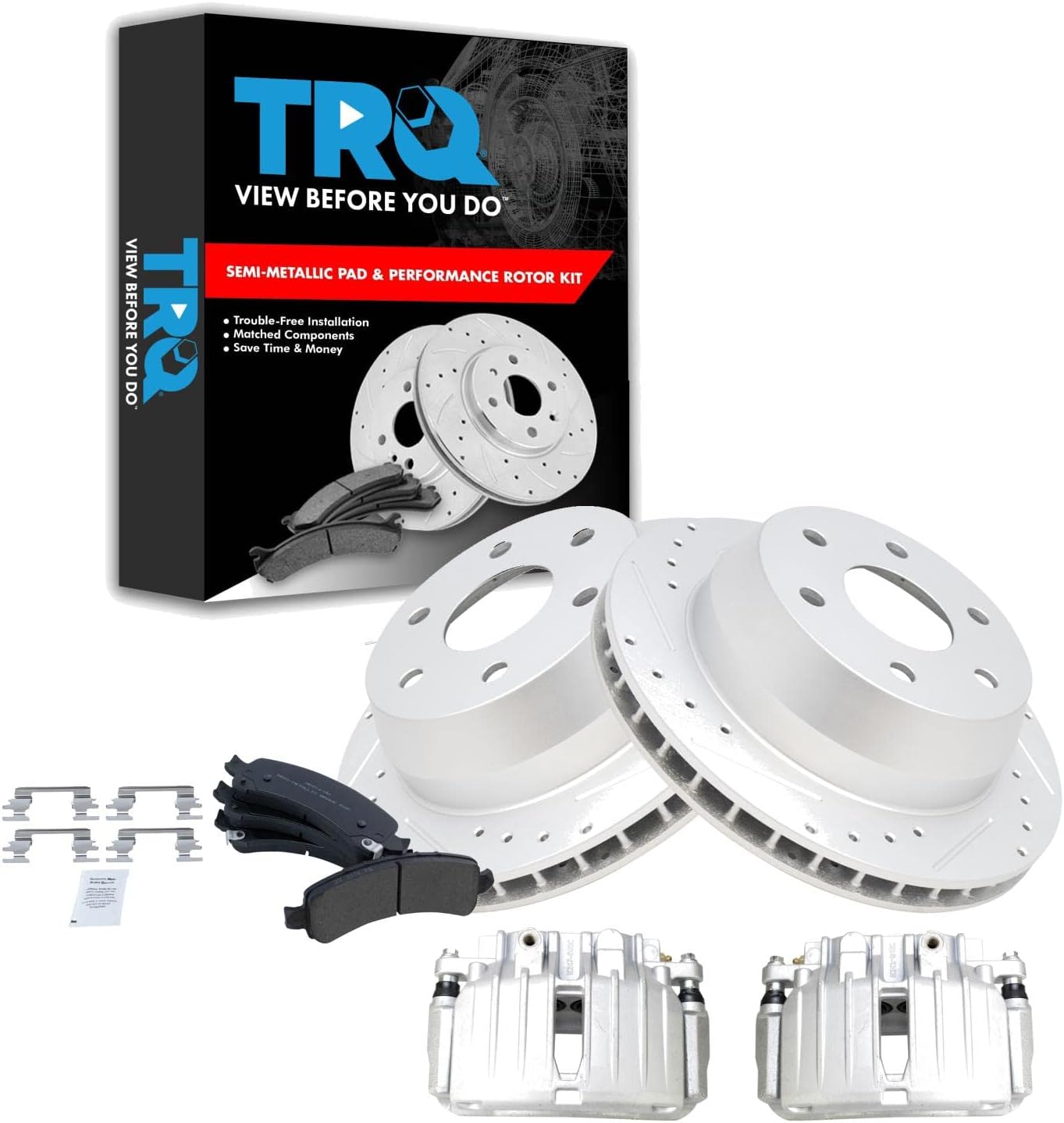 TRQ Rear Brake Calipers Ceramic Pads & Drilled Rotors Compatible with 2002 Suburban Yukon