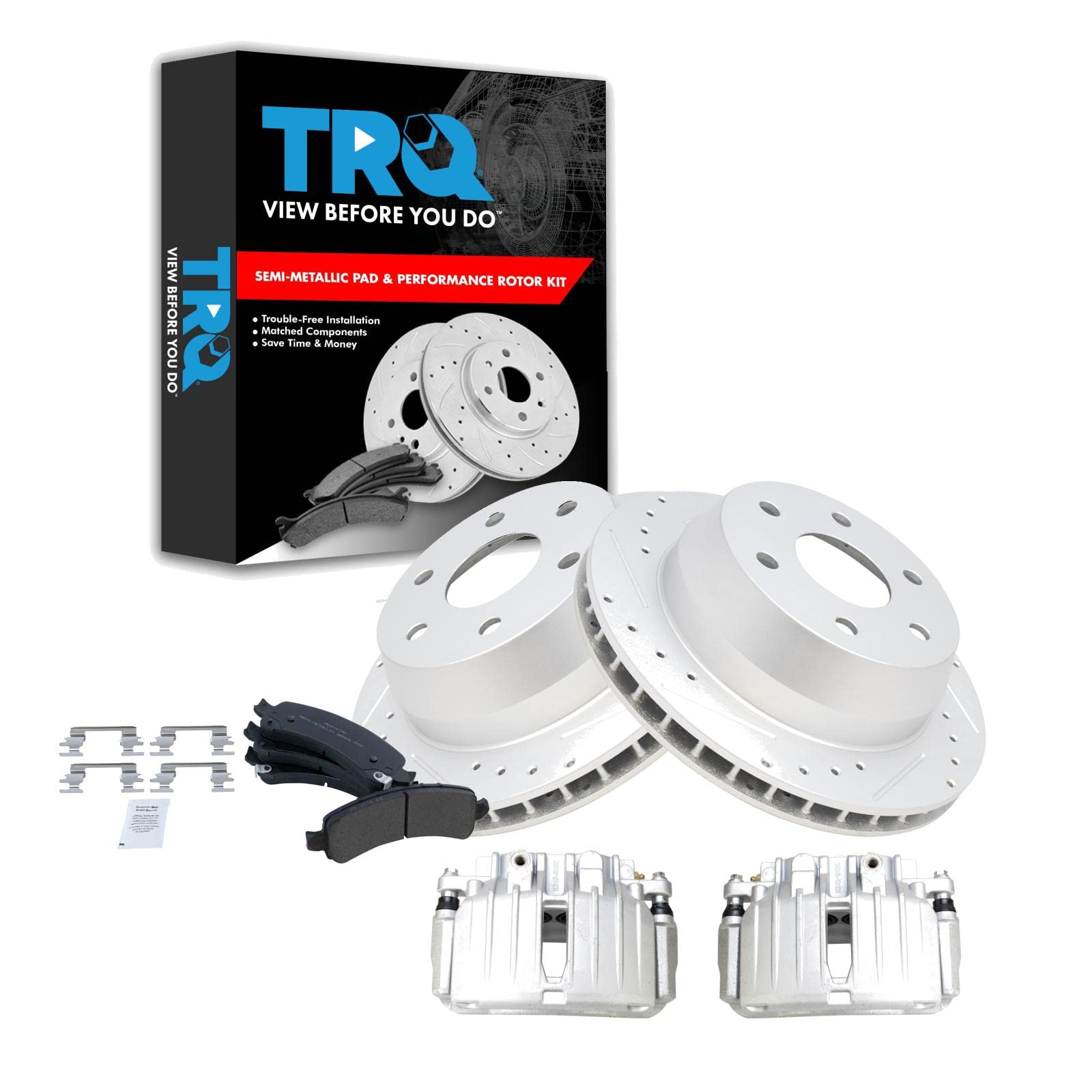 TRQ Performance Rear Brake Pad &amp; Rotor Set Semi Metallic Coated Drilled Slotted Vented Rotors Calipers for 02 Cadillac Escalade Chevrolet Avalanche 1500 Suburban 1500 Tahoe GMC Yukon &amp; XL 1500