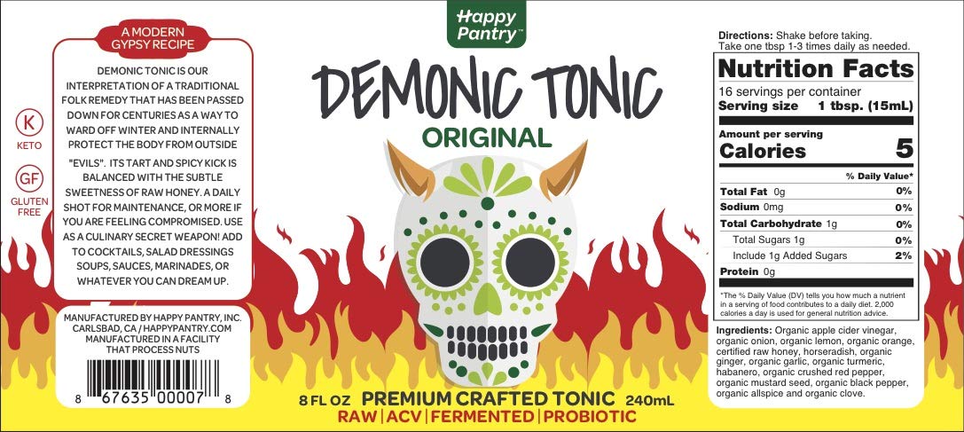 Demonic Tonic (16oz) by Happy Pantry. Raw, unpasteurized, premium crafted fire cider made with organic ingredients.