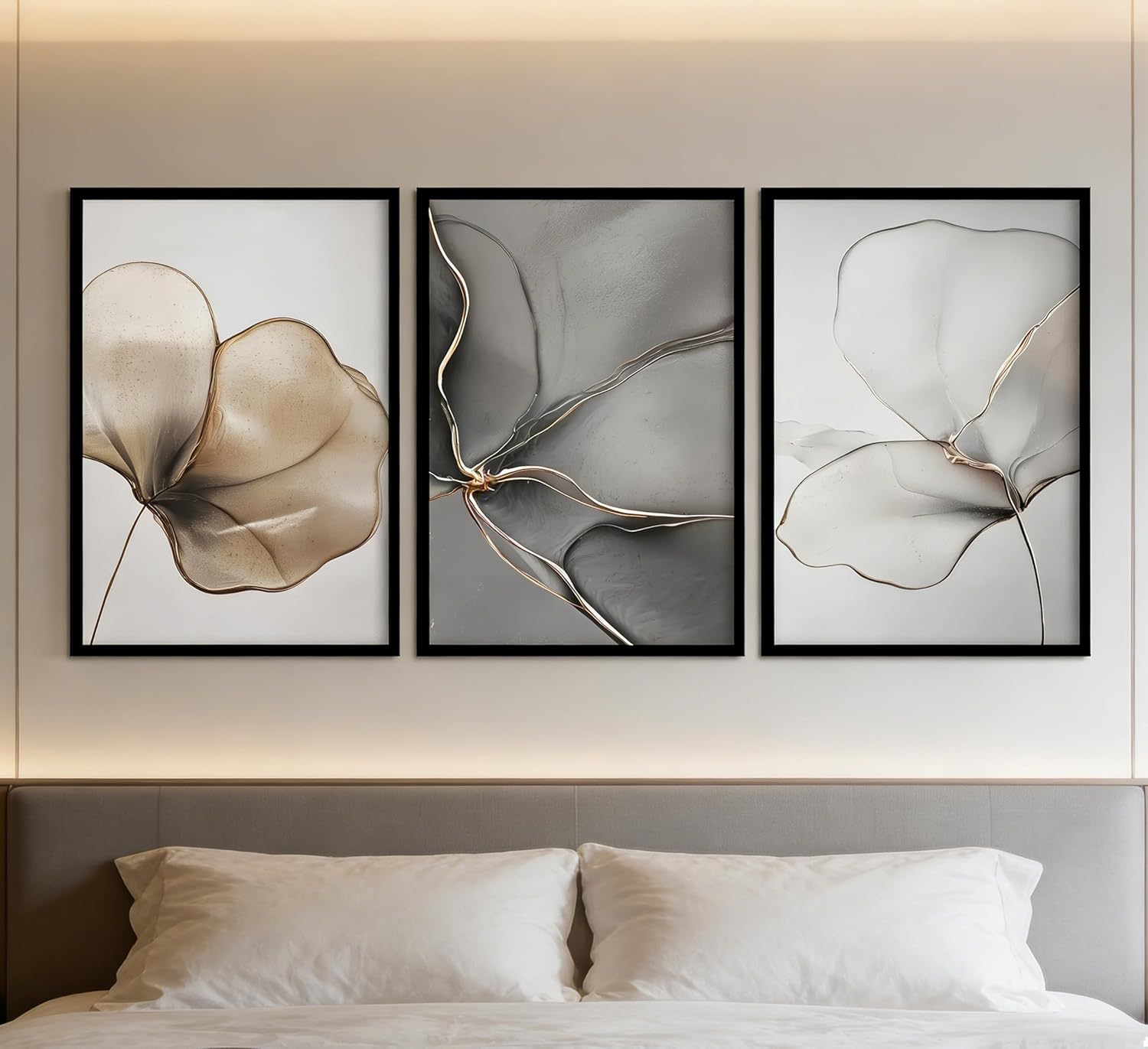 lianyibo Abstrakcyjny kwiatowy płótno ścienne minimalistyczny plakat płatek złota linia, grafika z nadrukiem do salonu, dekoracja sypialni (50 x 75 cm x 3/nieoprawione)