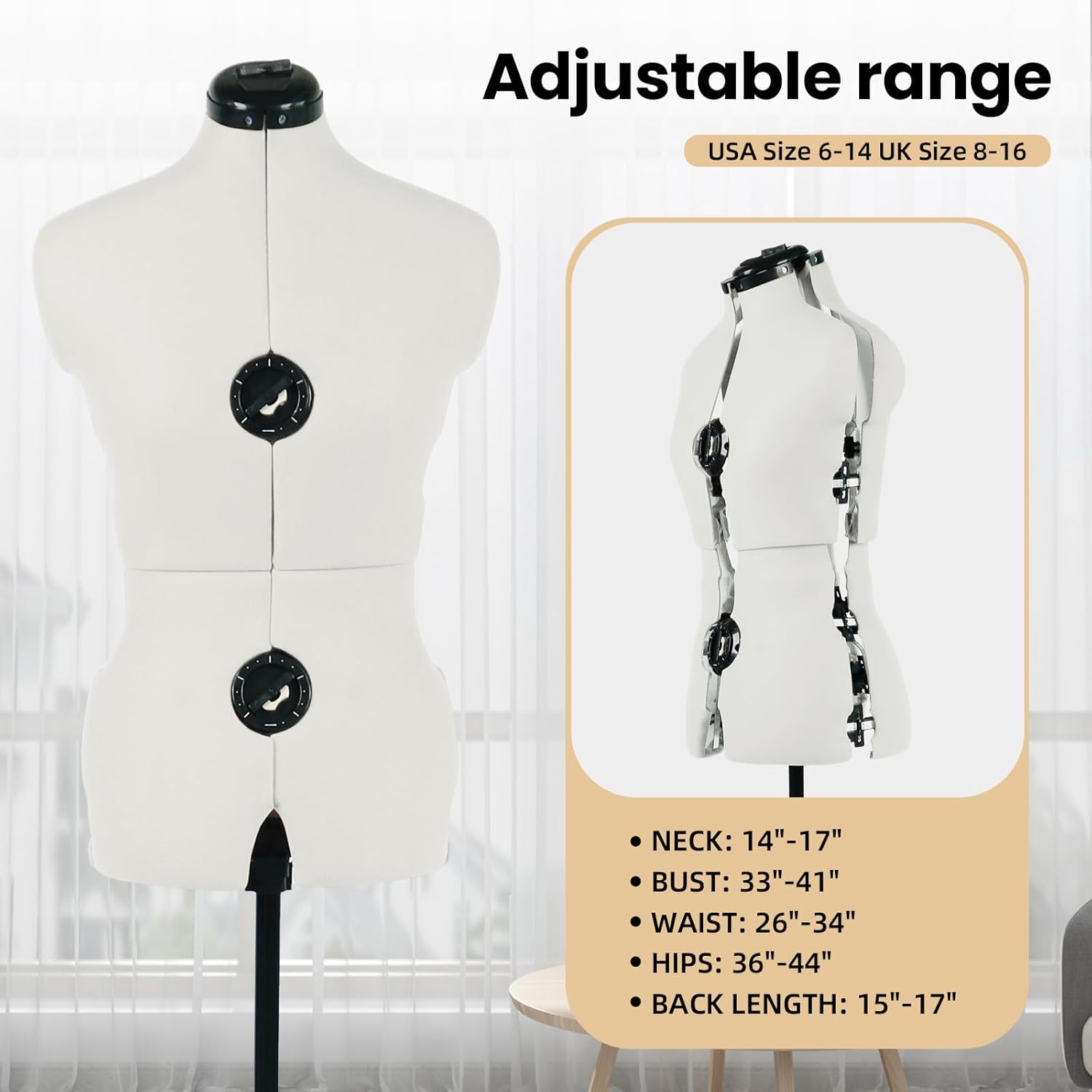 Beige Adjustable Dress Form Mannequin for Sewing Female Size 6-14, Pinnable Model Body with 13 Dials, Detachable Casters, 42.5"-60" Height Range for Clothing Display, Small to Medium Beige Small
