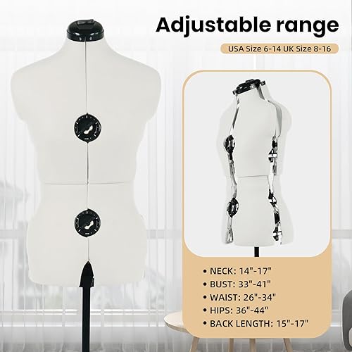 Miniatura 2 de Maniquí de forma de vestido ajustable beige para coser mujeres tallas 6-14, cuerpo de modelo pinable con 13 diales, ruedas desmontables, rango de