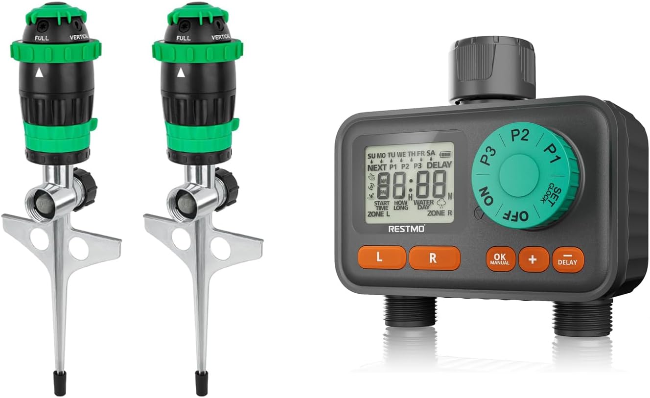 RESTMO 2-Pack Sprinkler Bundle: Dual Zone Week Program Water Timer & Gear Drive Sprinklers for Efficient Lawn & Garden Irrigation