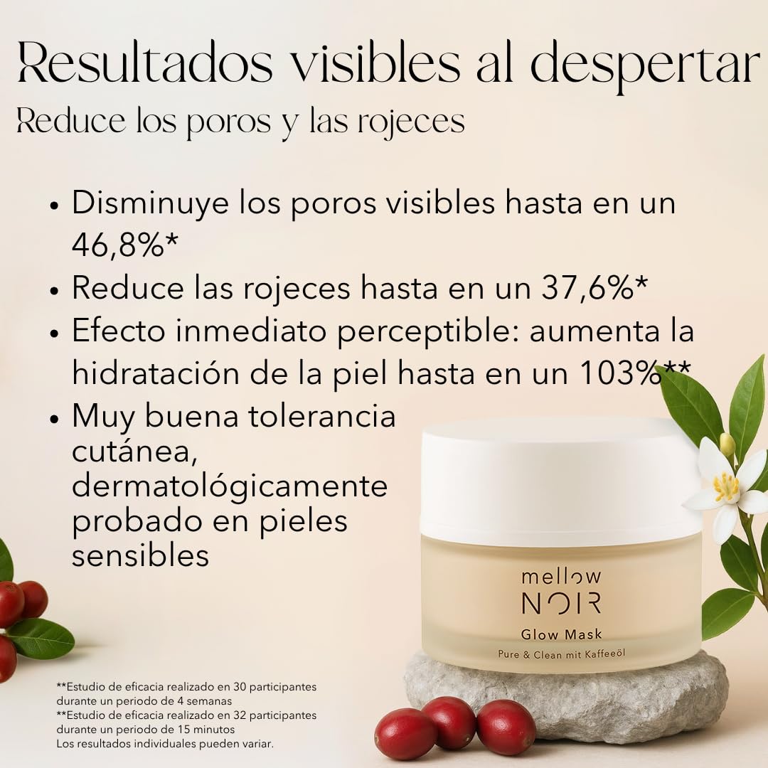 mellow NOIR Glow Mask 2x50ml | Crema de noche regeneradora | Reduce visiblemente los poros y el enrojecimiento | Para una piel más suave y uniforme | Efecto inmediato visible | Cosmética natural