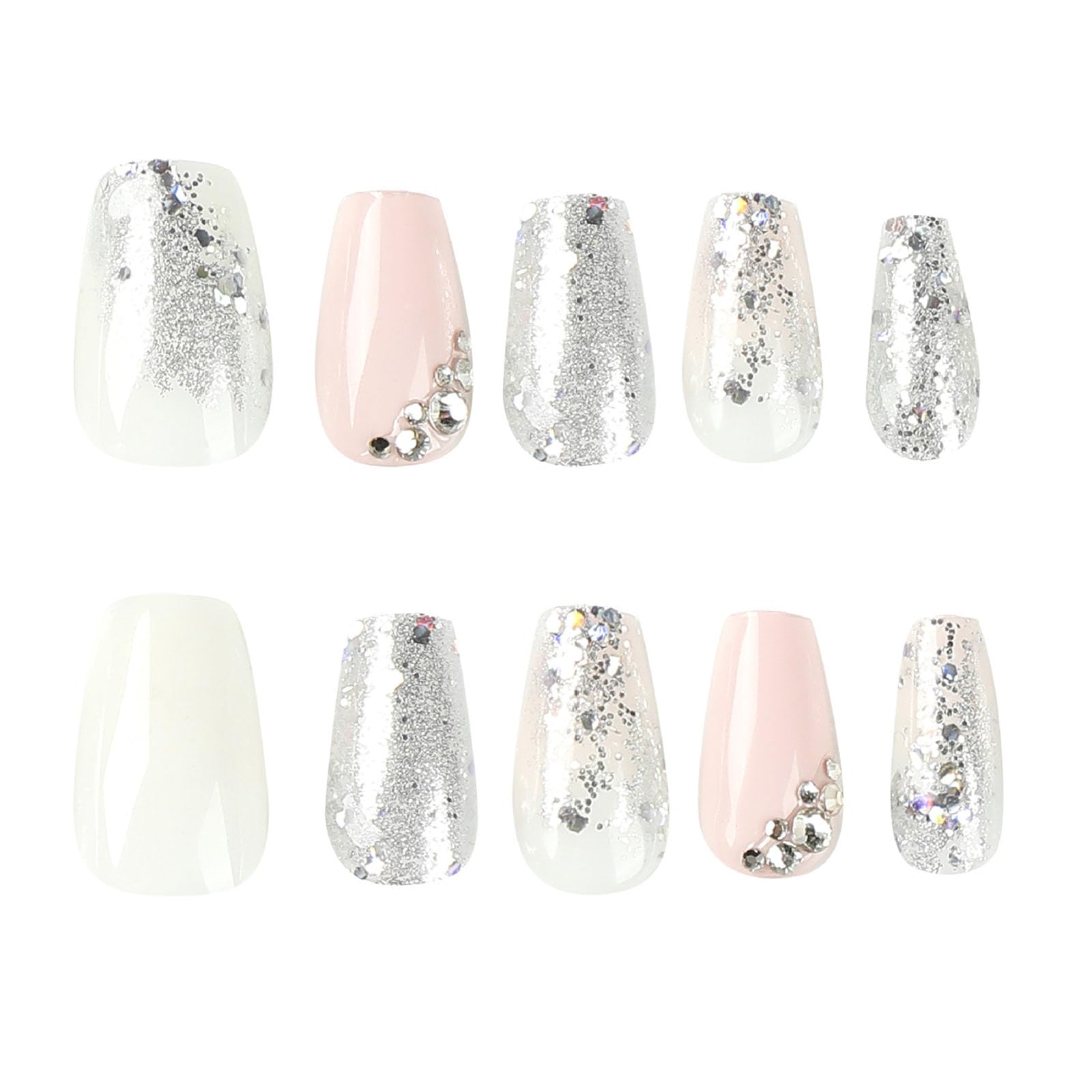 Press on Nails Coffin Short False Nails with Silver Glitter Design, White Silver Full Cover Fake Nails, Artificial Acrylic Glossy Stick on Nails for Women 24 Pcs