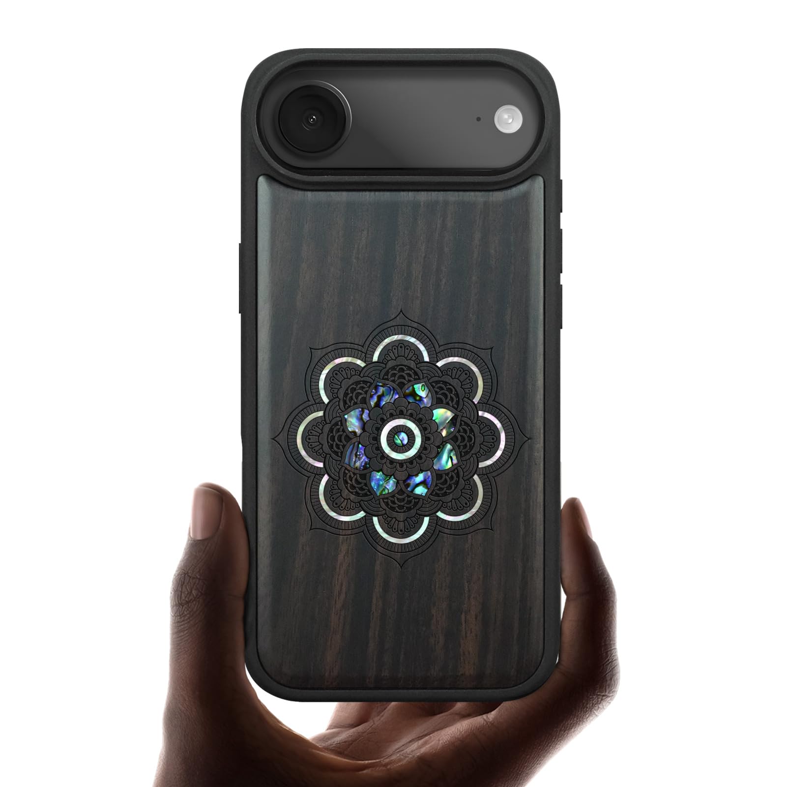 Carveit Funda Magnética para iPhone Air Compatible MagSafe [Madera y incrustación de mejillones] Protectora Antigolpes para iPhone 17 Air Carcasa (Madera Oscura-Armonía Floral mística)