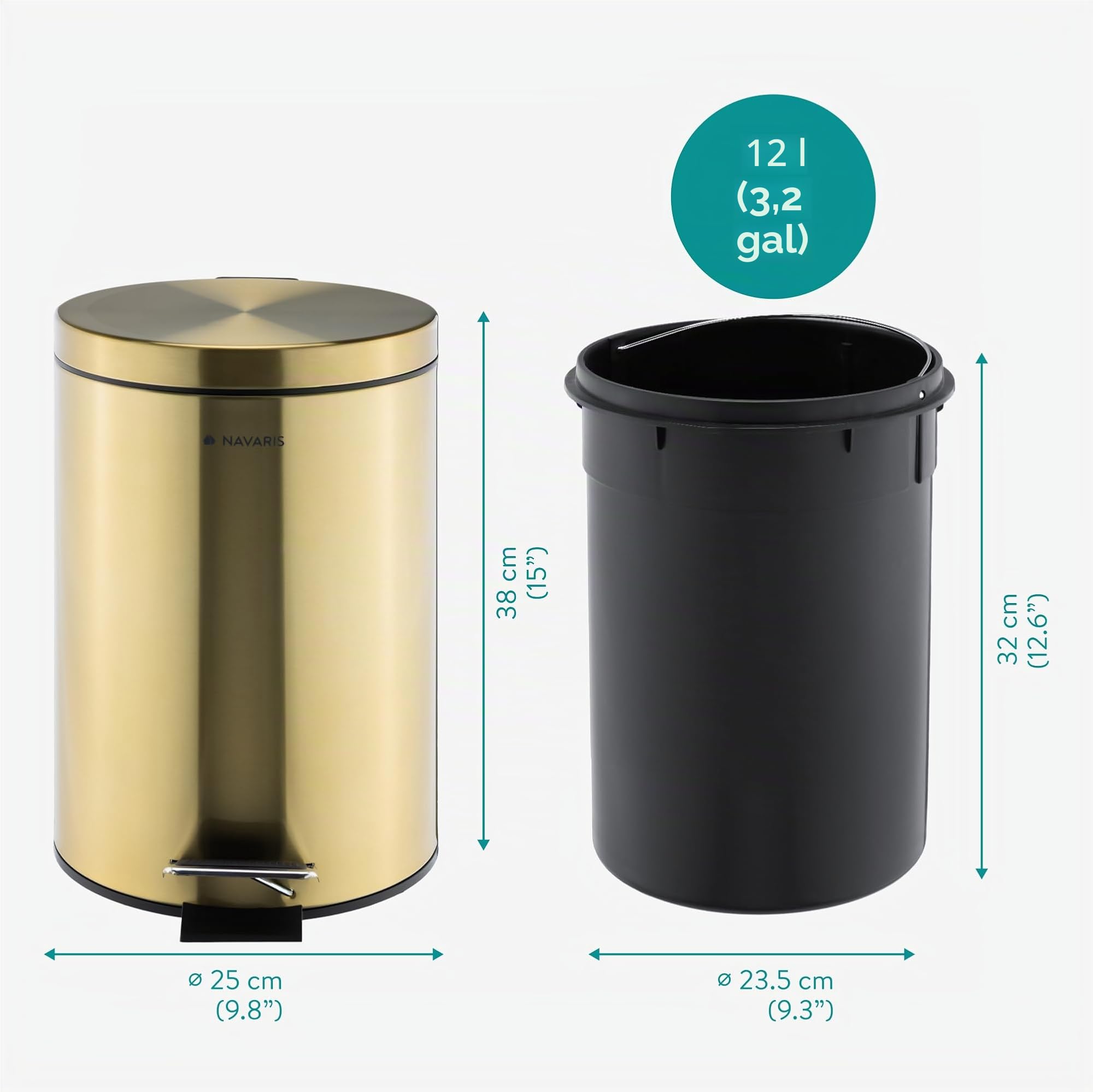 Navaris Cestino Bagno - Bidoncino Spazzatura 12 L - Pattumiera da Bagno Cucina e Ufficio - Cestino Rifiuti con Coperchio e Pedale - Bidone Umido con Secchio Interno Rimovibile - Oro