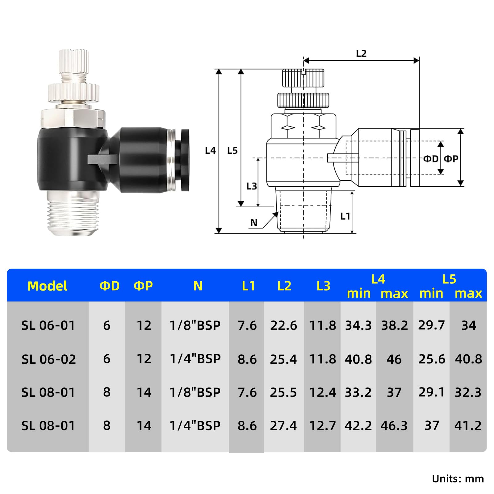 TAILONZ PNEUMATIC 5er Pack SL8-01 Raccord de conduite d'air à emboîter Vanne de régulation de débit d'air 8MM ou 1/8 pouce BSP angle 90 degrés Raccord de vanne de régulation de vitesse d'air