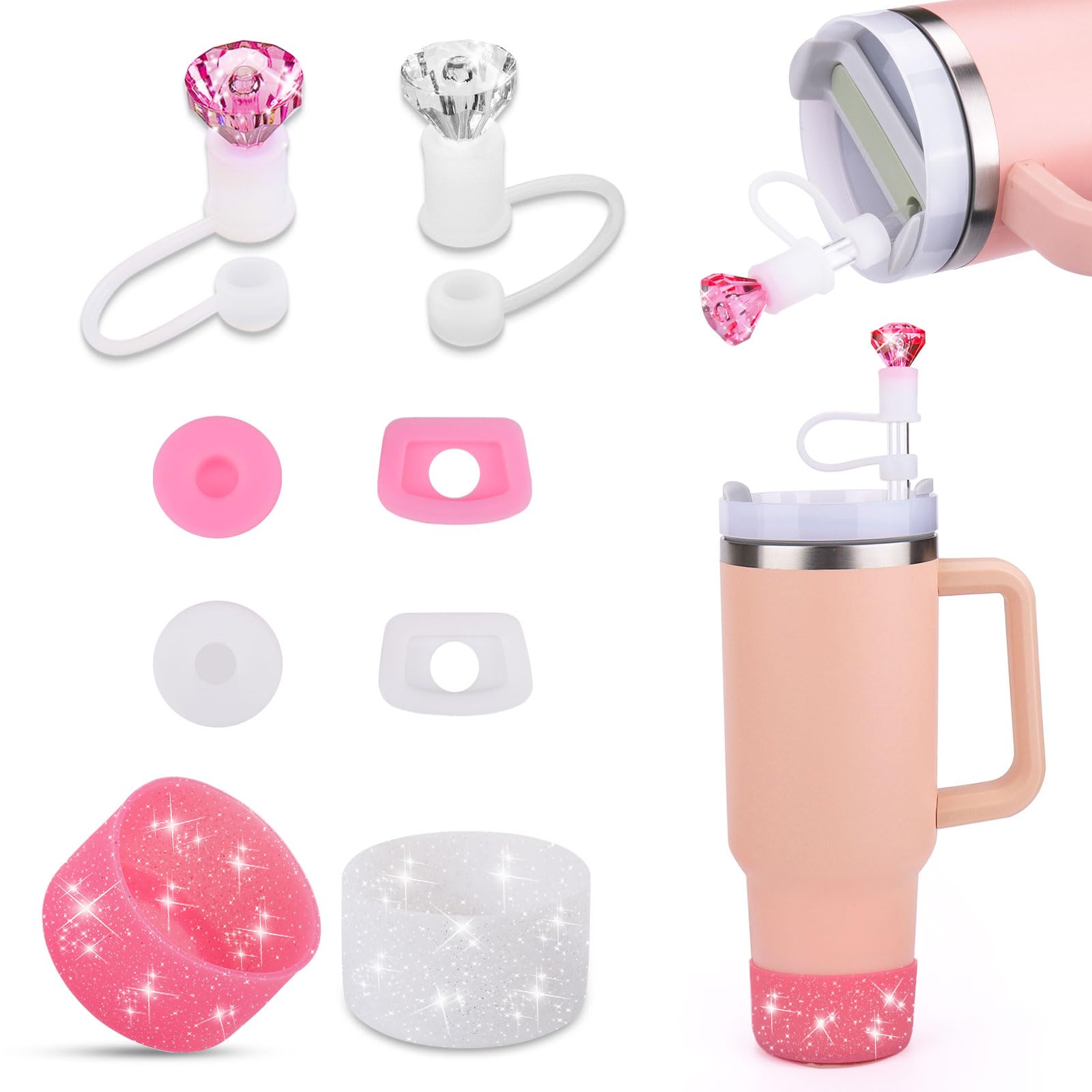 BABORUI 8Pcs Cup Accessories for Stanley Cup 40&30oz, 2Pcs Diamond Straw Covers, 2Pcs Bling Silicone Boot, 4Pcs Spill Topper Compatible with Stanley Cup Accessories