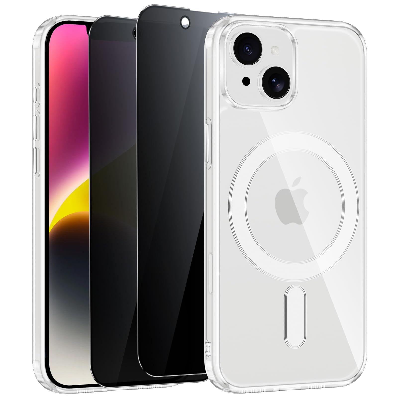 Funda Magnética para iPhone 14 Plus/iPhone 15 Plus con 2 Piezas Pantalla Antiespia, Compatible con MagSafe, Transparente Carcasa Silicona Militar Antigolpes Case para iPhone 14 Plus/15 Plus