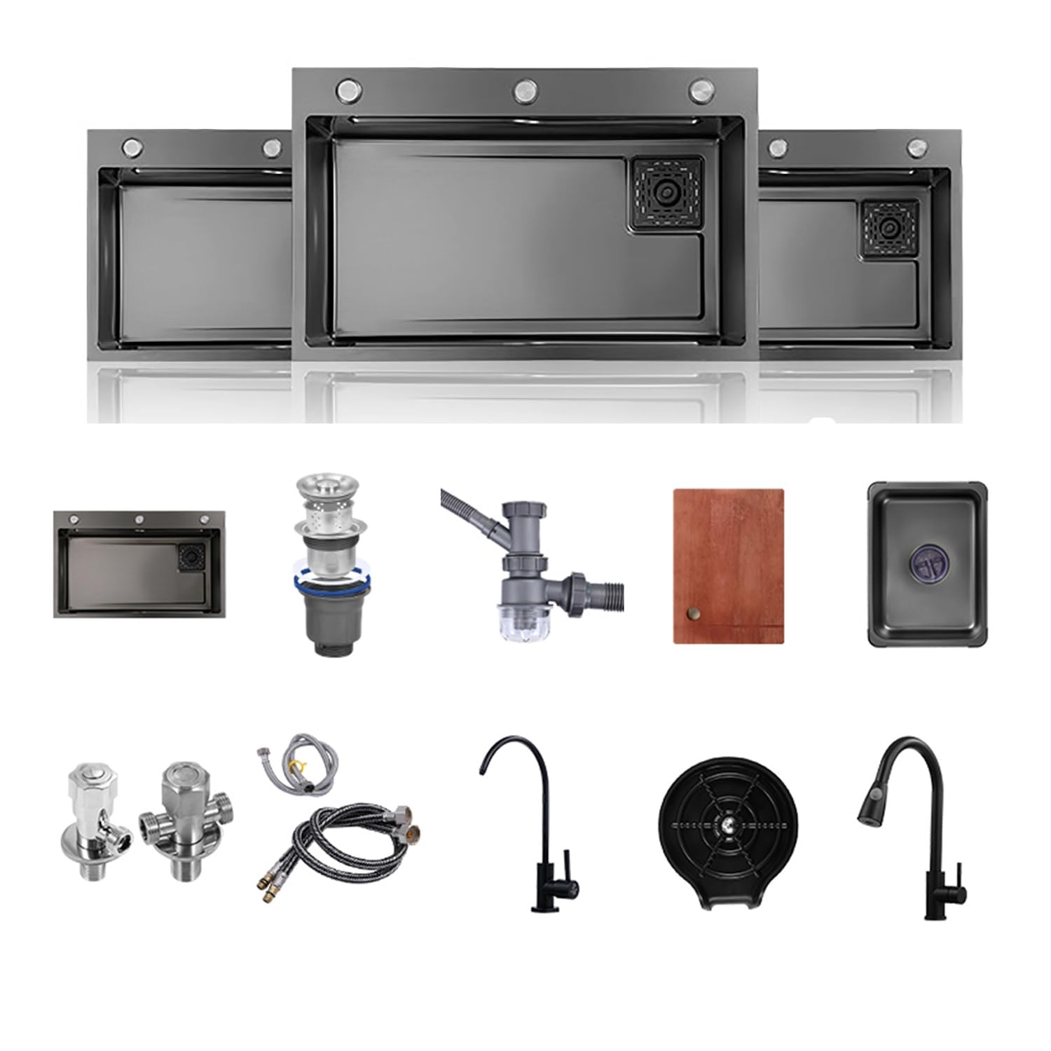 Lavello da cucina a 1 vasca, lavello da cucina in acciaio con rubinetto estraibile, lavaggio a pressione della tazza, for la casa, nero, acciaio inox nano (Size : 72 * 45)