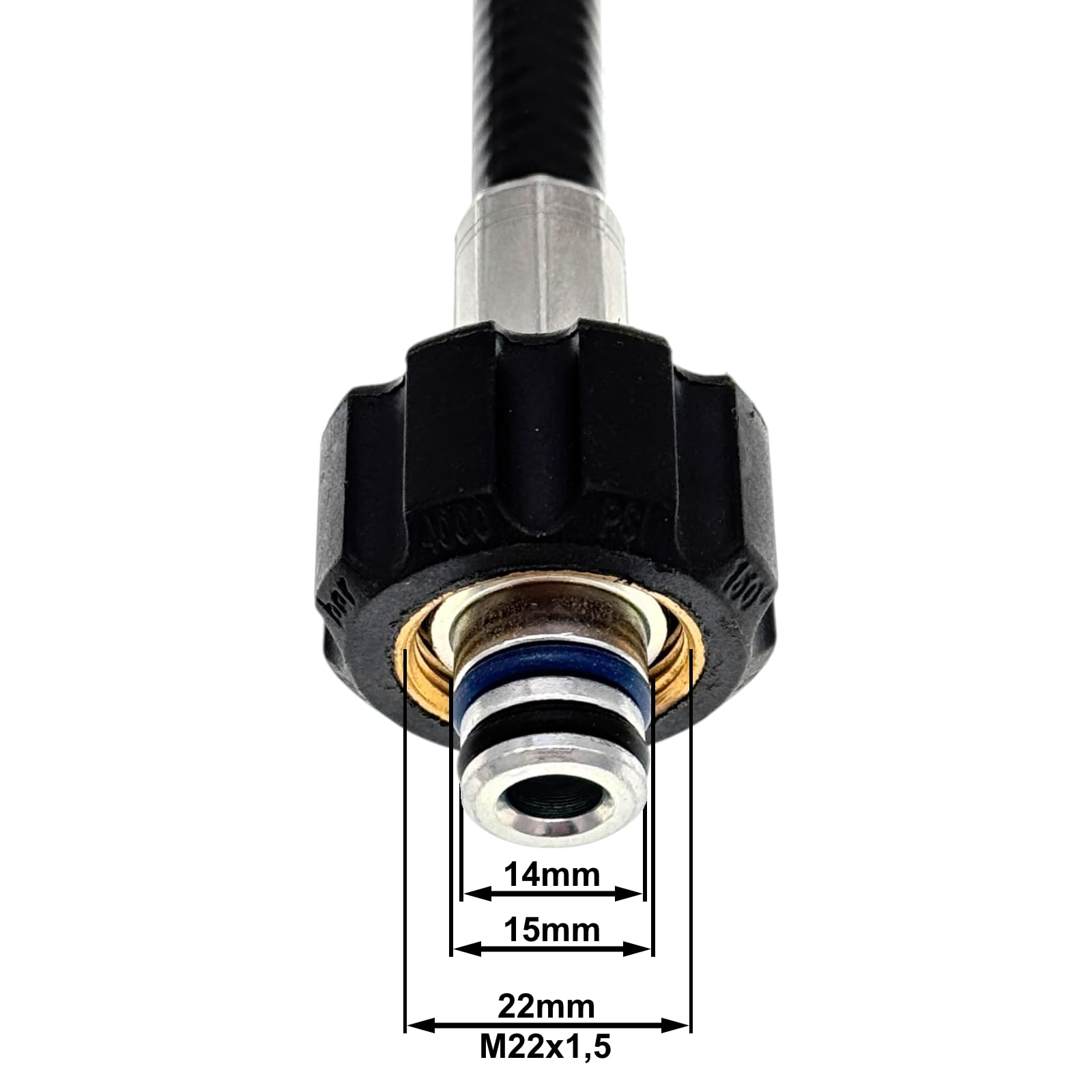 M&M Smartek tubo alta pressione 40 m M22 IG, 160 bar, per Black & Decker | Tubo rinforzato alta pressione con protezione antipiega; controllare raccordi, pressione, temperatura e apparecchio.