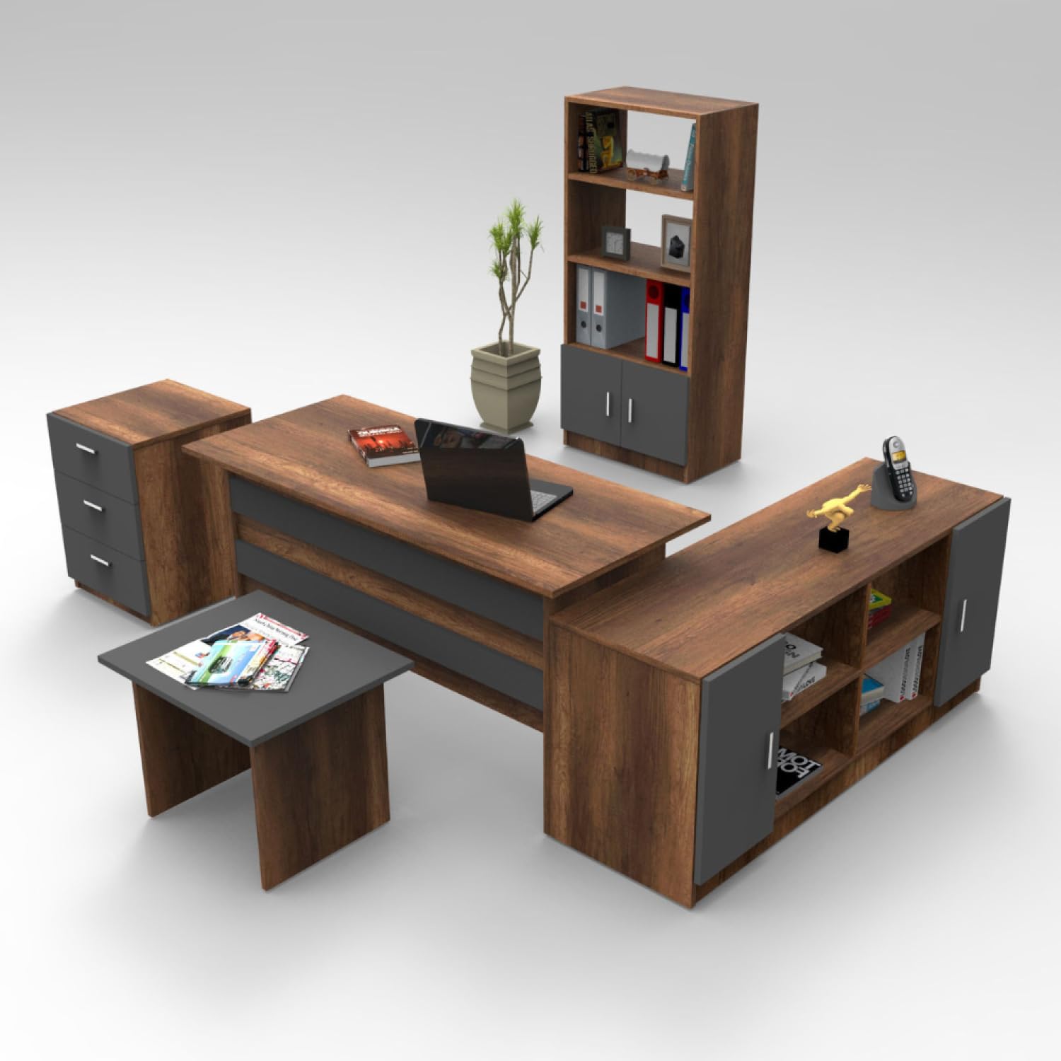 CONCEPT USINE | Set completo di mobili per ufficio | Design NOTTO | Finitura in legno rovere e antracite | Stile contemporaneo molto elegante | Moderno e funzionale | Posto di lavoro stabile e robusto