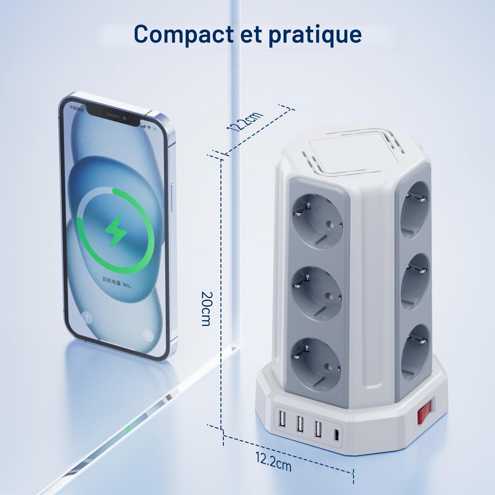 Multiprise avec Interrupteur, Tour Multiprise 12 Prises et 4 USB | 5M Rallonge Electrique 4000W Tour Multiprise pour Maison Bureau Parafoudre et Surtension